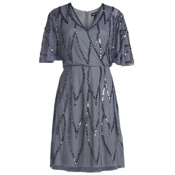 Adrianna Papell Studios Beaded Mesh A-Line Dress - Size 14 - Dusty Blue - NWT - Picture 3 of 10